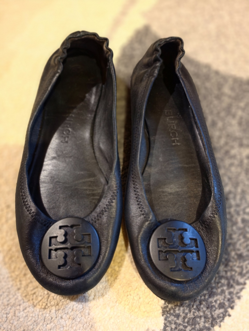 Tory Burch Black Leather Logo Toe Ballet Flats